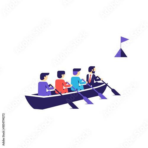 Minimalist 2D vector illustration of five professional individuals paddling a rowboat together, representing organizational alignment and strategic collective effort toward a defined destination.