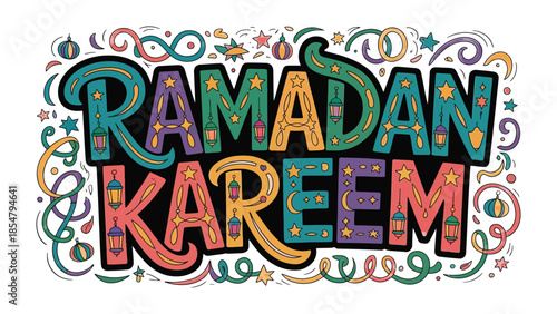 Ramadan Kareem Illustration: Festive and colorful lettering spells out Ramadan Kareem, evoking the spirit of the holy month with decorative elements.