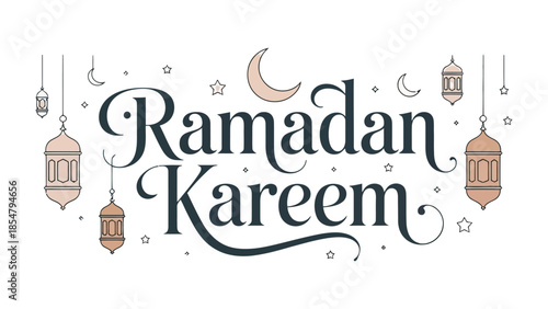 Ramadan Kareem Illustration: Celebrate the spirit of Ramadan with an elegant calligraphy design, adorned with crescent moons and traditional lanterns, symbolizing blessings and peace.