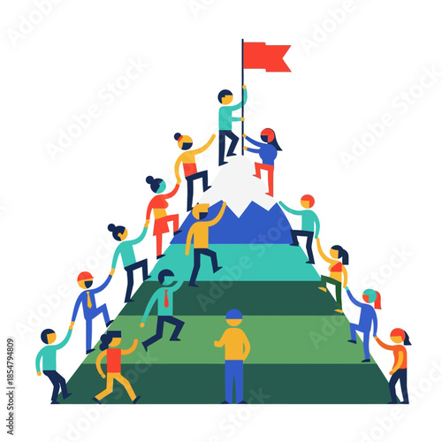 Diverse geometric characters collaboratively ascend a multi-layered peak to plant a flag, a minimalist 2D vector illustration of successful team achievement.