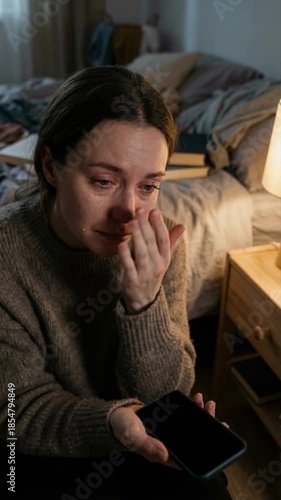 Vertical video of a sad woman crying in a bedroom at night holding a smartphone. Depressed female wiping tears after receiving bad news, suffering from grief or heartbreak