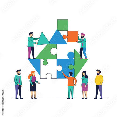 Diverse business team characters are assembling a large geometric puzzle piece in a vibrant pure flat 2D vector illustration, symbolizing crucial collaboration and synergy on a white background.