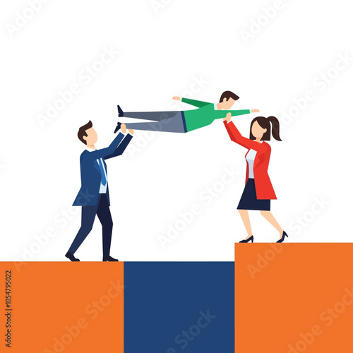 A pure flat 2D vector illustration of minimalist geometric business characters demonstrating reliable mutual support by lifting a teammate across a large gap or professional obstacle.