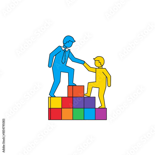 An experienced leader assists a junior colleague climbing a geometric block structure, symbolizing strong mentorship and foundational business development in a vibrant flat 2D vector illustration.