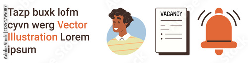 Job search, employment opportunities, recruitment, vacancy alert, career development, notification. Portrait of a person, vacancy document alert bell icon. Job search and employment opportunities