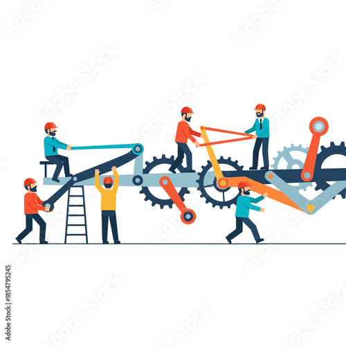 Minimalist 2D flat vector illustration showing stylized workers operating synchronized levers and gears within a massive business mechanism representing organizational efficiency and structure.