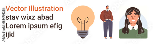 Innovation, teamwork, professional communication, idea generation, creativity, workplace environment. Light bulb, man standing in casual attire woman smiling in a portrait style. Innovation