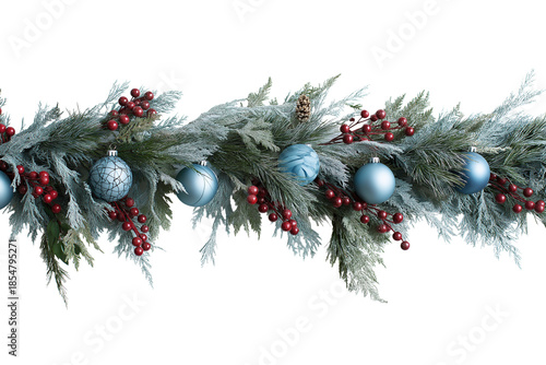 Frosted Christmas Garland with Blue Ornaments, Pine Needles and Red Berries (PNG TR 8208×5472)