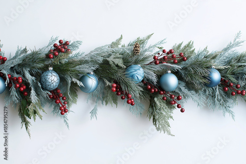Frosted Christmas Garland with Blue Ornaments, Pine Needles and Red Berries (PNG 6912×4608)