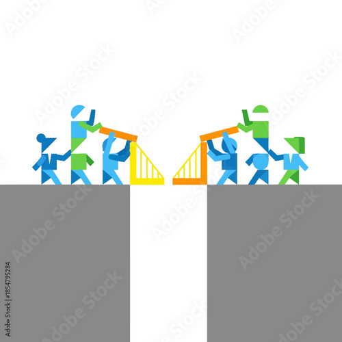 Geometric vector illustration depicts small groups of people connecting the final segment of a central bridge across a wide gap, symbolizing successful partnership and unity.