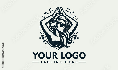 Vector logo design featuring a woman with a camera and music notes on a light green background, with space for a tagline.