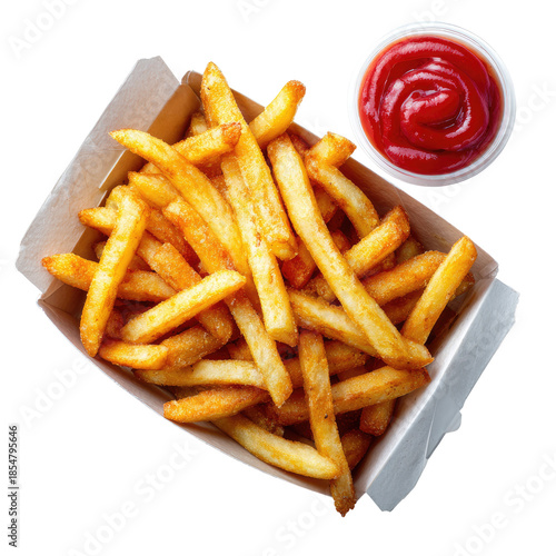 Fries in takeout box, side ketchup. Isolated on black background