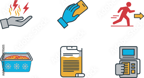 Set of six flat illustrating actions and related to energy, cleaning, movement, food, documents, and technology with a blue and orange theme