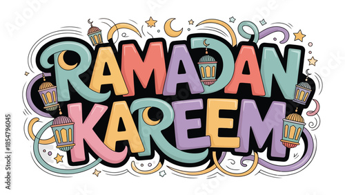 Ramadan Kareem Illustration: Colorful illustration conveys the essence of Ramadan Kareem with lantern, the crescent moon, and stars, which symbolize the holy month. 