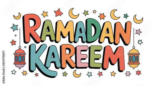 Ramadan Kareem Illustration: Colorful and festive illustration conveys a message of peace and prosperity. It is an image of cultural significance and symbolic of a time of reflection, togetherness.