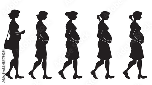 Pregnant Woman Silhouettes Walking in Various Stages of Pregnancy in Black and White for Health and Wellness