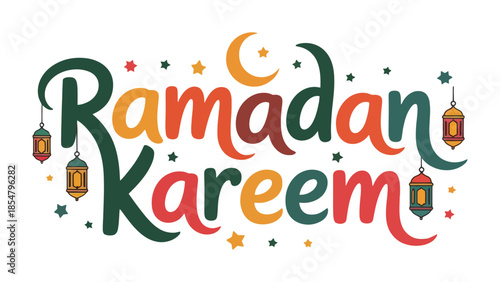 Ramadan Kareem Illustration: Colorful illustration with Ramadan Kareem lettering featuring crescent moon, stars, and lanterns, capturing the spirit of this special time.