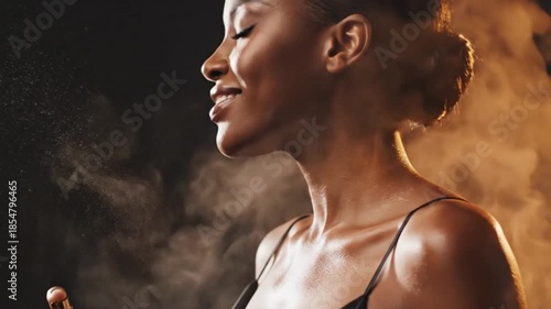 Elegant Woman Applying Luxury Amber Perfume with Soft Mist Spray