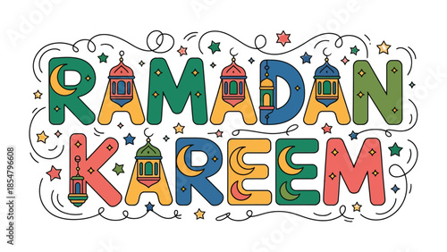 Ramadan Kareem: Vibrant and festive Ramadan Kareem greeting, a colorful and decorative illustration designed for the holy month, featuring stars, crescent moons, and intricate details.