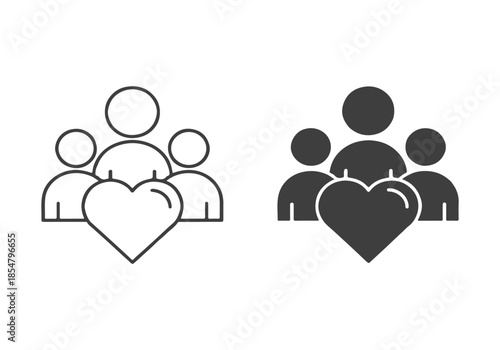 Diverse group of people standing together with a heart icon symbolizing unity, love, and community support