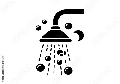 Black and white illustration of a shower head with water droplets and bubbles, symbolizing hygiene and relaxation