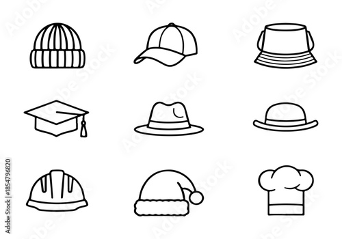 Collection of nine diverse headwear icons representing different styles and professions, including beanies, caps, and chef hats