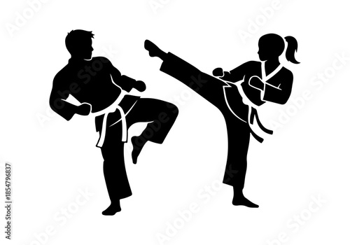 Silhouette of a man and woman practicing martial arts, demonstrating dynamic kicks and poses in a combat stance for sports and training