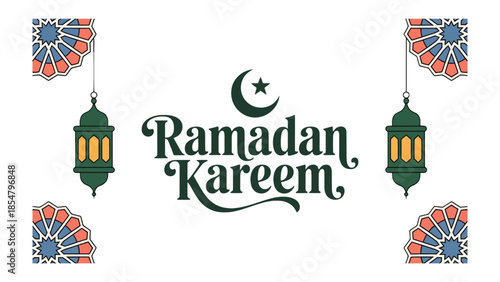 Ramadan Kareem: A festive and welcoming illustration with a crescent moon, star, lanterns, and floral patterns conveys the spirit of the holy month.