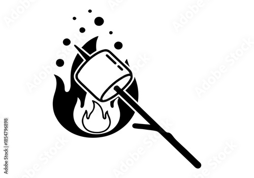 Black and white illustration of a marshmallow roasting over a campfire, perfect for outdoor cooking and camping themes