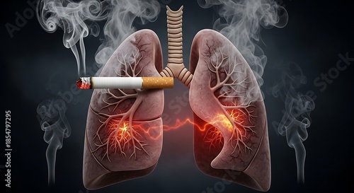 Conceptual medical illustration of human lungs damaged by smoking with a lit cigarette and dark smoke plumes