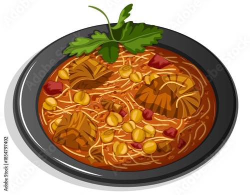 Harira Soup on Plate Illustration – Traditional Moroccan Ramadan Soup with Chickpeas, Lentils, Tomatoes and Broken Vermicelli Pasta Isolated