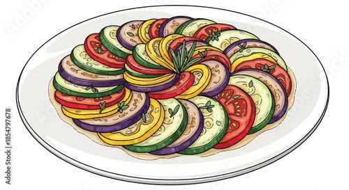 Colorful French Ratatouille Vegetable Medley Dish with Sliced Zucchini Tomato and Eggplant
