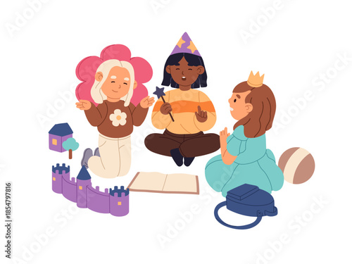 Happy friends, little girls play games together in kindergarten. Children in carnival costumes have fun at daycare. Cute kids are in nursery. Flat isolated vector illustration on white background
