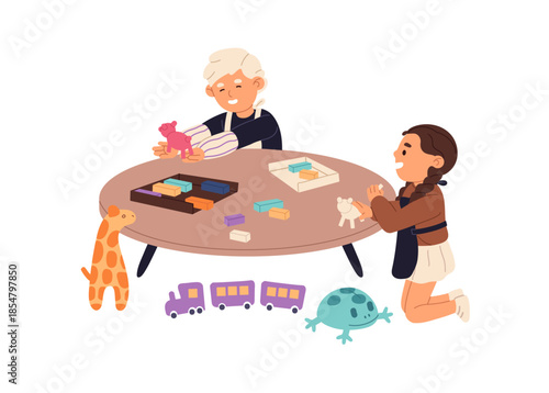Children are modeling plasticine in art class. Kids play with toy at table together. Little boy and girl develop fine motor skills in kindergarten, daycare. Flat isolated vector illustration on white
