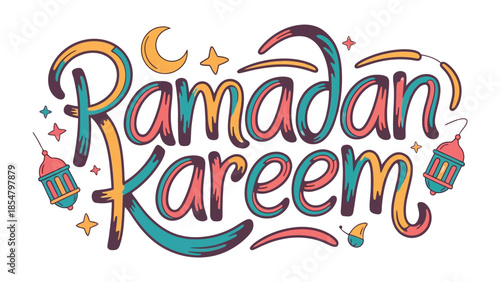 Ramadan Kareem: A festive and colorful calligraphy design celebrates the Islamic holy month.