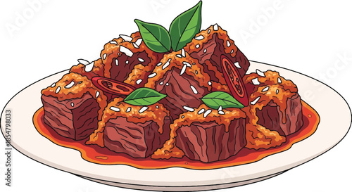 Hearty Beef Stew or Rendang with Rich Sauce and Green Basil Garnish