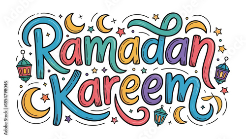 Ramadan Kareem: Celebrate the holy month with a vibrant illustration. Featuring beautifully drawn text, stars and moon. A design perfect for greetings, banners, and more.