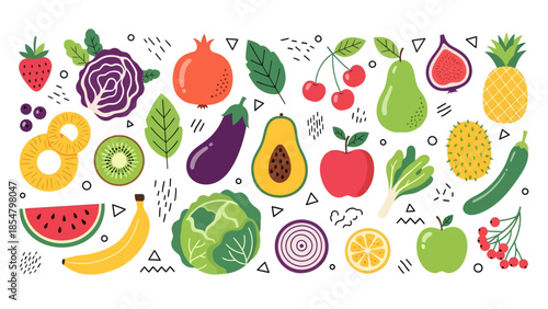 A vibrant, flat-style illustration features a playful assortment of fresh produce, including sliced watermelon, leafy greens, and tropical fruits, accented by whimsical black geometric confetti