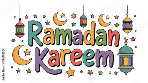 Ramadan Kareem: Colorful illustration expressing the spirit of Ramadan with festive decor, a celebration of the holy month. 