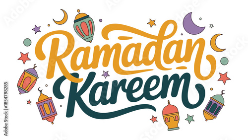 Ramadan Kareem Illustration: A festive illustration announces Ramadan Kareem, decorated with lanterns, stars, and crescent moons, embodying the spirit of the holy month.