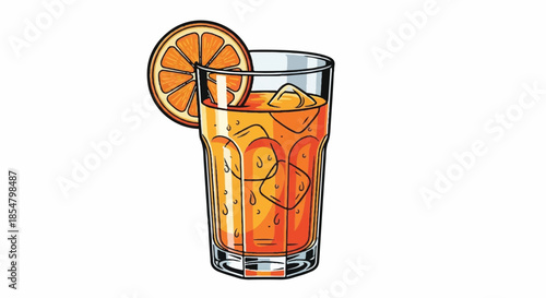 Refreshing Iced Tea with Orange Slice and Ice Cubes in a Tall Transparent Glass