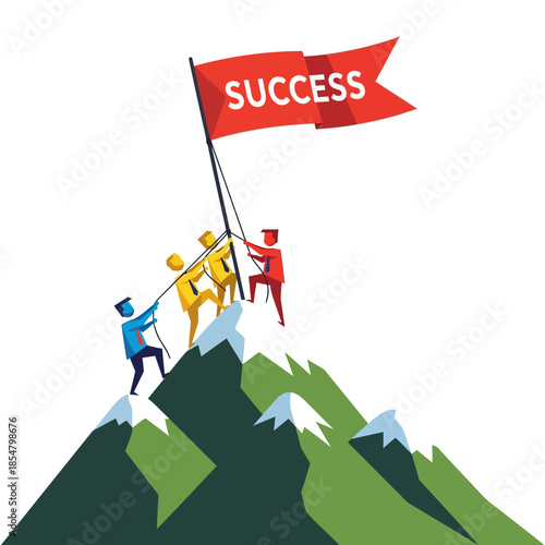 A determined business team successfully hoists a large success flag atop an abstract steep mountain, symbolizing teamwork and corporate achievement in a 2D flat vector illustration.