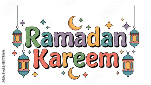 Ramadan Kareem Illustration: Festive and colorful illustration celebrating Ramadan Kareem, featuring traditional lanterns and crescent moons, designed with vibrant pastel colors.