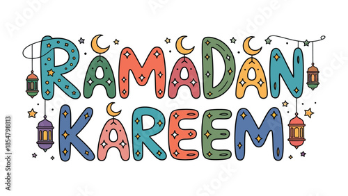 Ramadan Kareem Illustration: Colorful and festive illustration spelling out the greeting of Ramadan Kareem, representing the spirit of the holy month.
