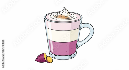 Purple Sweet Potato Latte with Layered Milk Foam Served in a Glass Coffee Mug