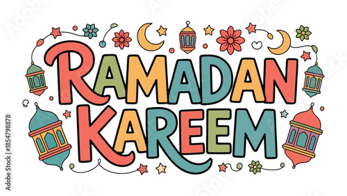 Ramadan Kareem illustration: Colorful illustration captures the essence of Ramadan Kareem with vibrant calligraphy and decorative elements like stars and lanterns.