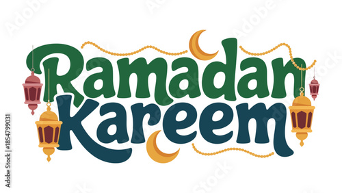 Ramadan Kareem Illustration: Celebrate the sacred month with this vibrant illustration of Ramadan Kareem with ornate lamps and crescent moons. conveying the spirit of generosity and communal joy. 