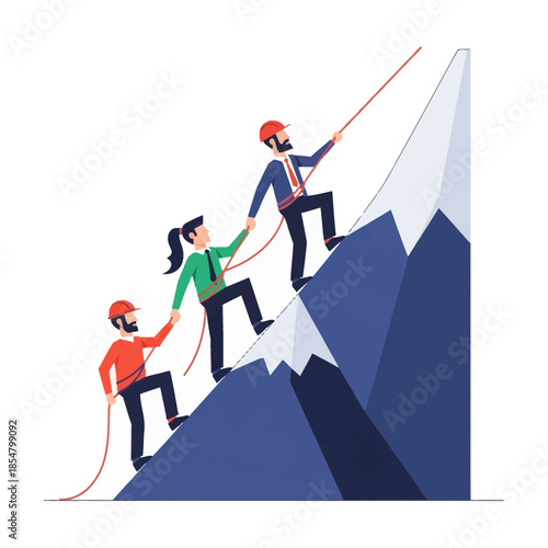 Teamwork 2D flat vector illustration showing three professional employees climbing a steep stylized mountain using ropes and linked hands, symbolizing shared effort toward a challenging business goal.