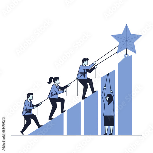 Pure flat 2D vector illustration of three geometric professionals using a unified system of ropes and pulleys to hoist a large star up a steep financial growth chart.
