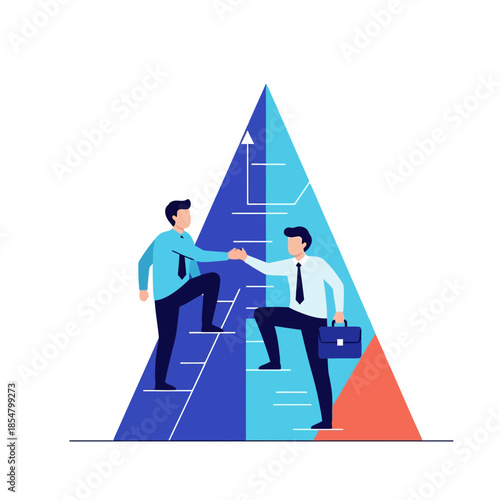 Pure flat 2D vector illustration of business characters climbing a stylized geometric chart peak, symbolizing teamwork, support, and shared success by lending a helping hand.